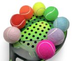 Multiple packs of colourful padel balls, pressurised in a tube and FIP Standard meaning they are ready for tournament play. They are in the colours, green, orange, blue, pink and red.