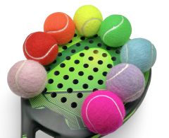 Multiple packs of colourful padel balls, pressurised in a tube and FIP Standard meaning they are ready for tournament play. They are in the colours, green, orange, blue, pink and red.