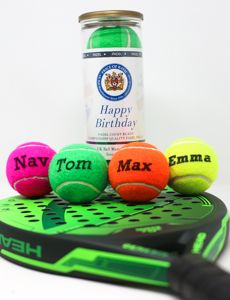 Price of Bath custom printed padel balls. Balls are pink, green, orange and yellow and come in a personalised 'Happy Birthday' tube.